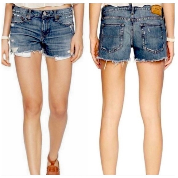 Polo Ralph Lauren Pants - Polo Ralph Lauren Distressed Crosby Denim Shorts Size 25 Mid Rise Raw Hem cotton